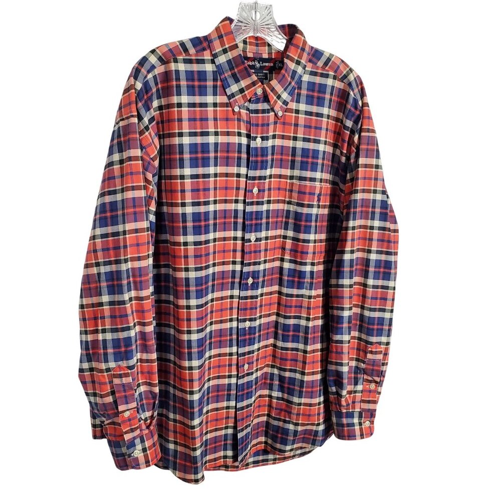 Ralph Lauren Big Shirt Mens Size XL Button Down Oxford Plaid 100% Cotton Logo